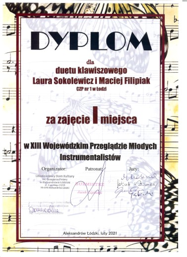 XIII edycja Wojewódzkiego Przeglądu Młodych Instrumentalistów  dyplom Duet Laura Sokolewicz i Maciej Filipiak