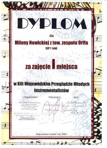 XIII edycja Wojewódzkiego Przeglądu Młodych Instrumentalistów  dyplom Milena Nowacka
