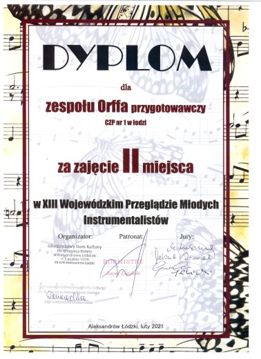 XIII edycja Wojewódzkiego Przeglądu Młodych Instrumentalistów  dyplom zespół Orffa grupa przygotowawcza