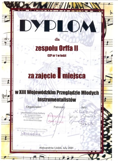 XIII edycja Wojewódzkiego Przeglądu Młodych Instrumentalistów  dyplom zespół Orffa II