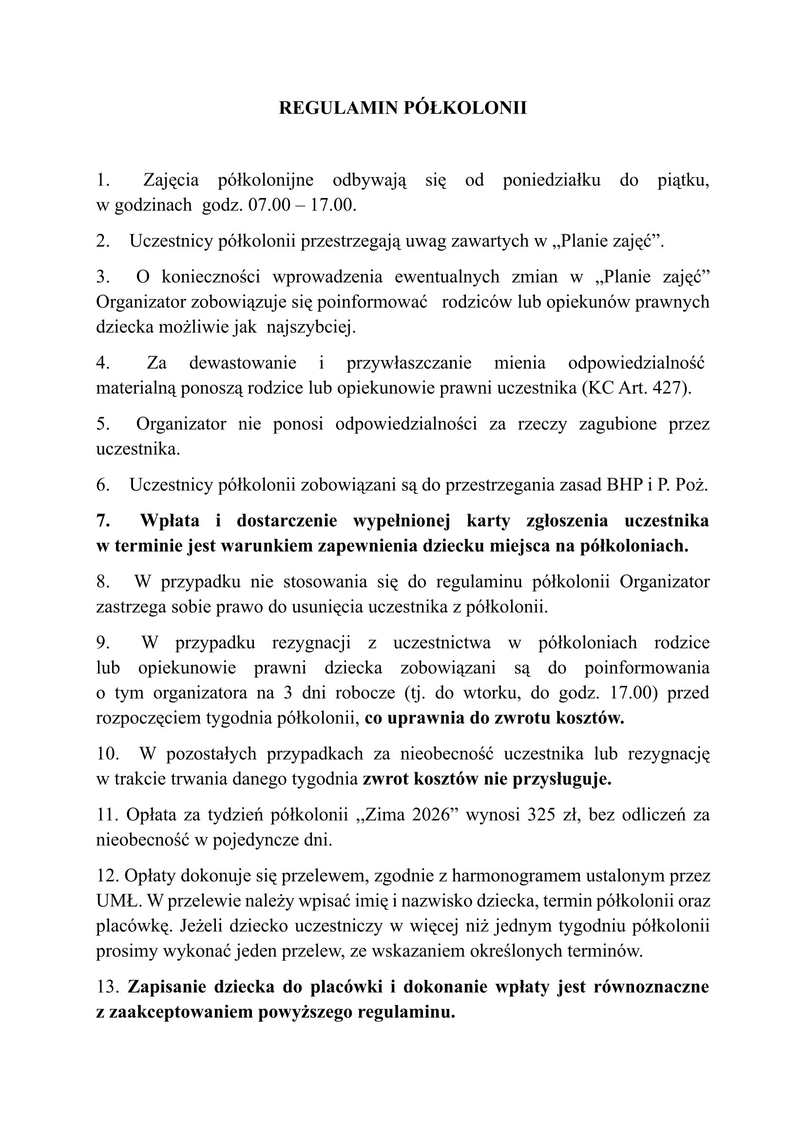 PÓŁKOLONIE ZIMA 2026 REGULAMIN