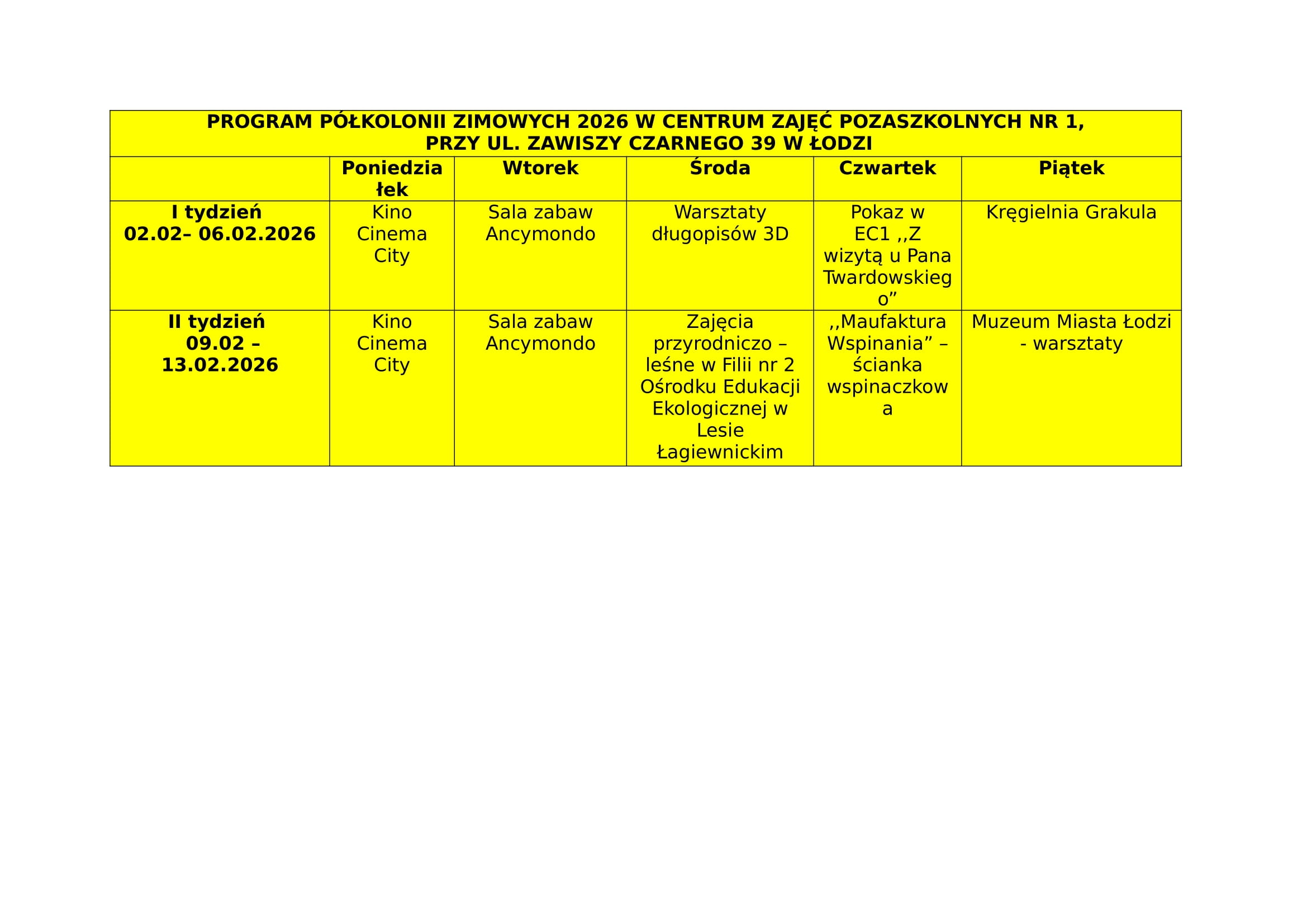 PÓŁKOLONIE ZIMA 2026